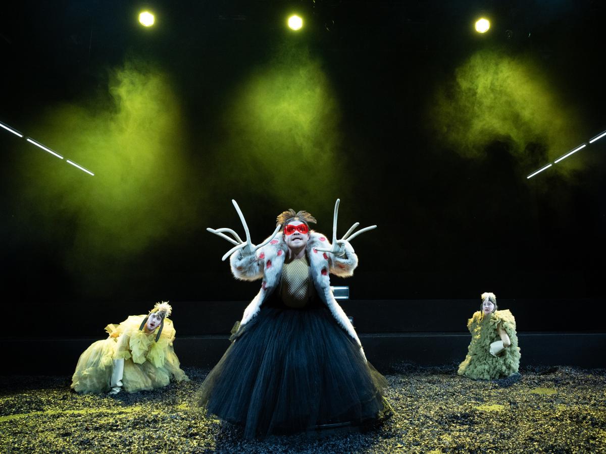 Mann mit sehr langen Fingern, Tüllkleid udn Pelzmantel steht in der Mitte. Um ihn herum sitzen gelb gekleidete ungläubig guckende Personen.