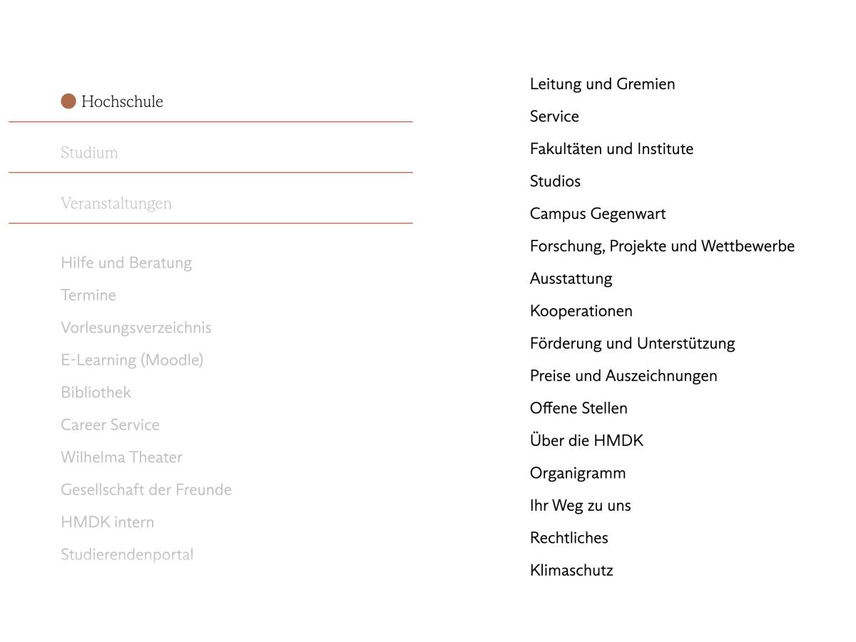 Ansicht des Website-Menüs im Bereich Hochschule