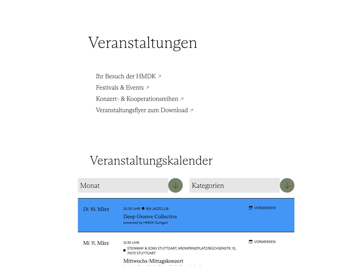 Ansicht des Website-Menüs im Bereich Veranstltungen