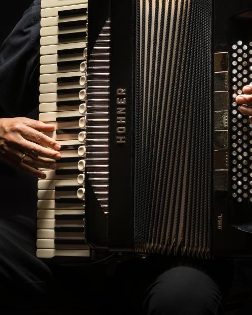 Bildausschnitt auf dem ein Akkordeon mit den Händen des Musikers zu sehen sind.