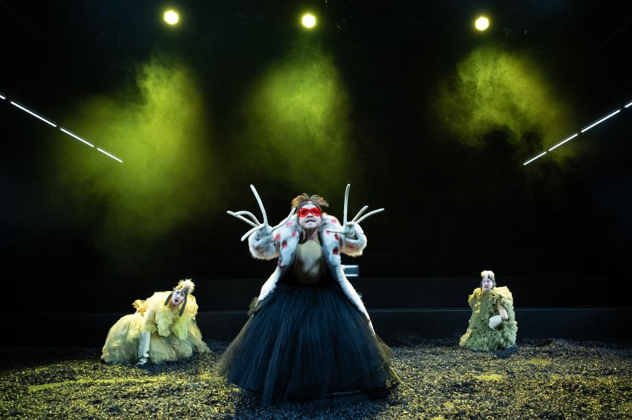 Mann mit sehr langen Fingern, Tüllkleid udn Pelzmantel steht in der Mitte. Um ihn herum sitzen gelb gekleidete ungläubig guckende Personen.