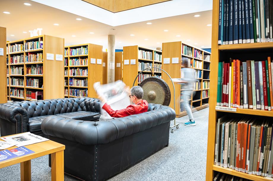 Auf dem Bild sind die Sofas in der Bibliothek und einige Bibliotheksregale zu sehen.
