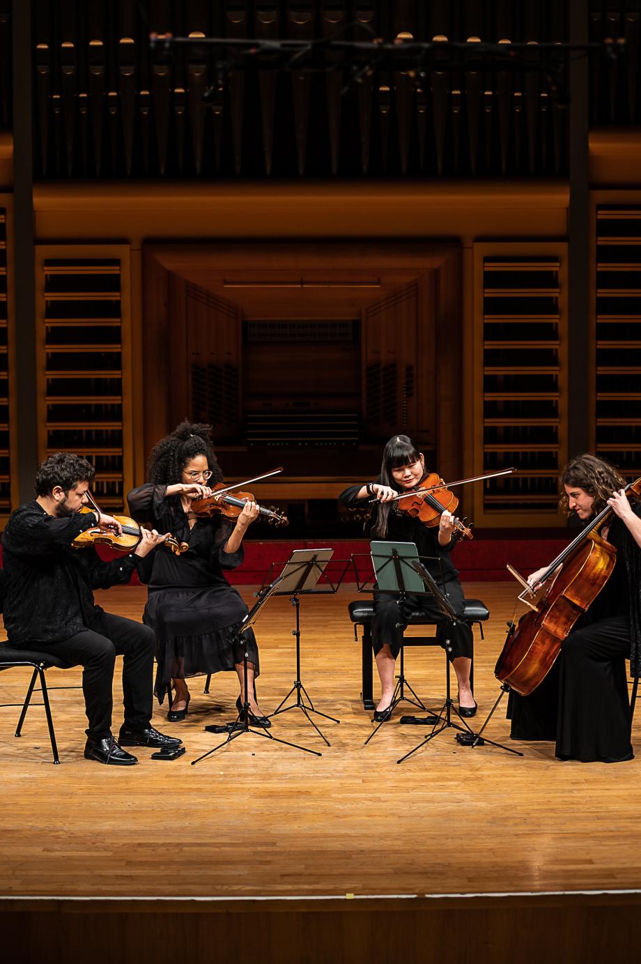 Das Kahlo Streichquartett musiziert auf dem Podium.