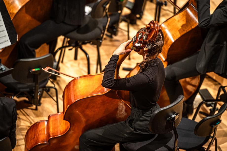 Kontrabassistin beim HSO-Konzert in der Liederhalle.