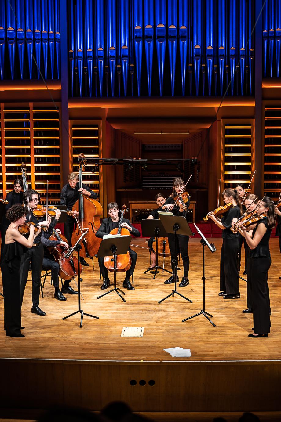 Das Kammerorchester unter der Leitung von Prof.in Sarah Christian im Konzertsaal.