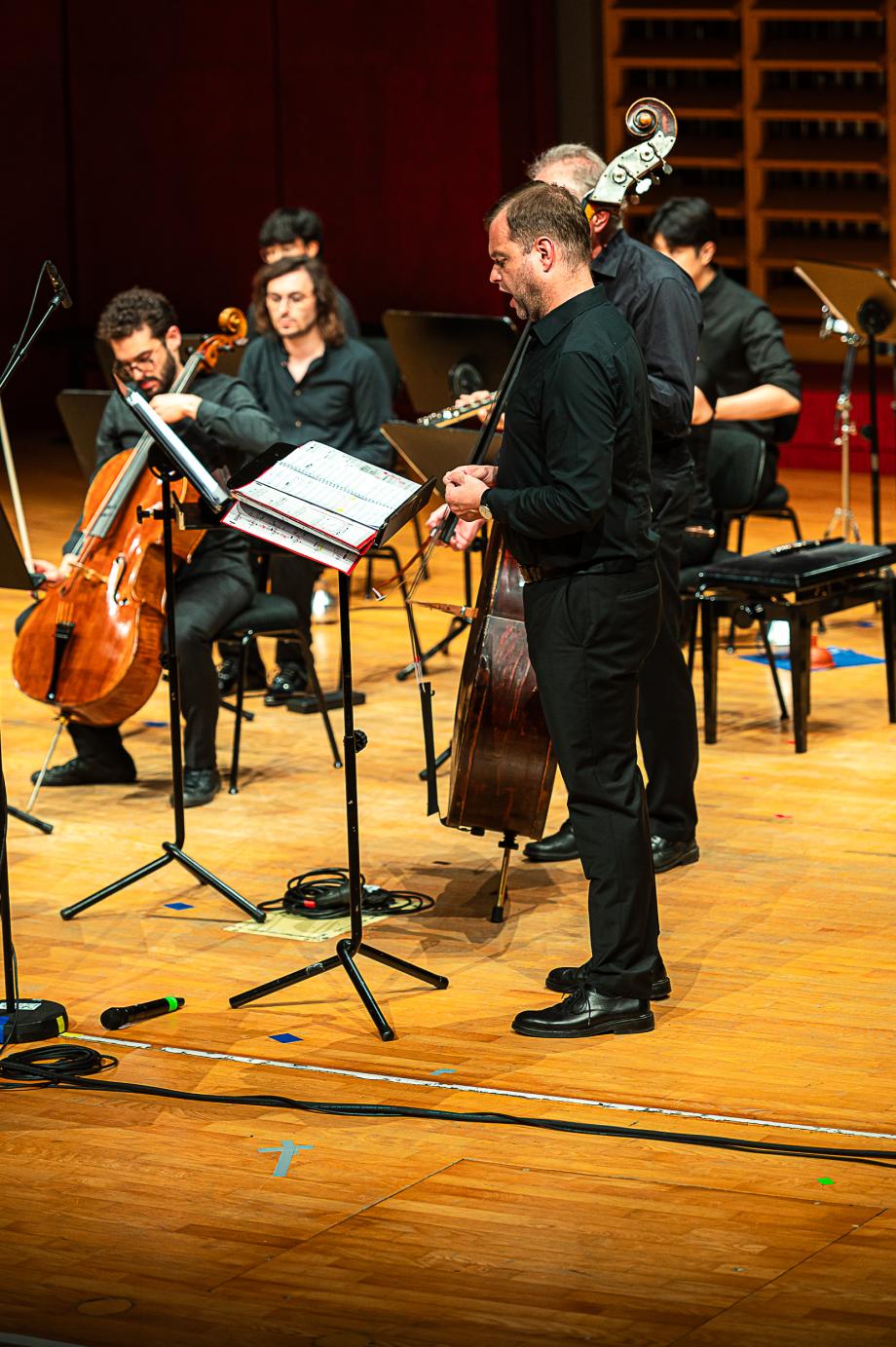 Blick aus dem Rang auf das Podium. Der Bassbariton Thilo Dahlmann singt inmitten eines musizierenden Kammerensembles.