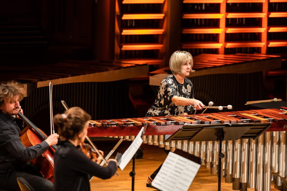 Geige, Cello und Marimbaphon werden im Konzertsaal gespielt.