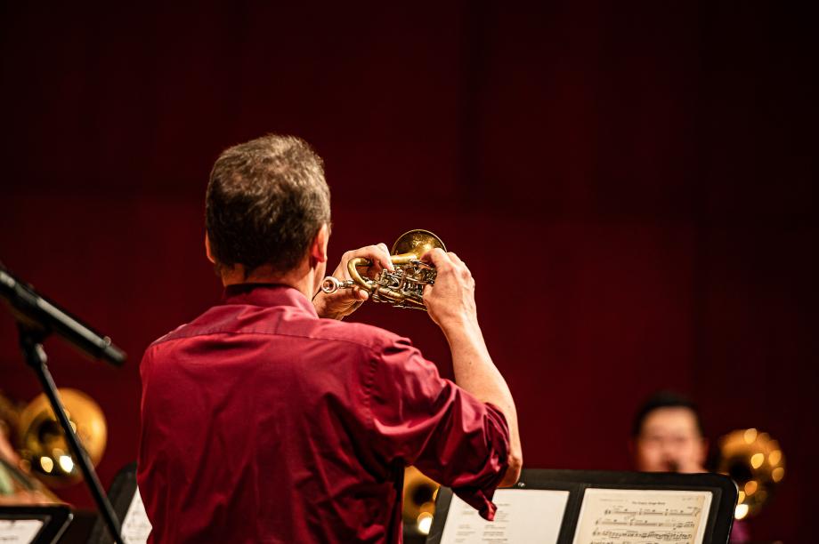 Wolfgang Bauer, als Leiter des Ensembles City Brass, aus der Rückenperspektive beobachtet.