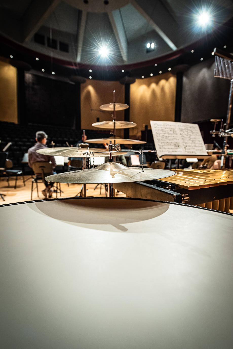 Schlagzeug und Vibraphone sowie Student von hinten abgebildet.