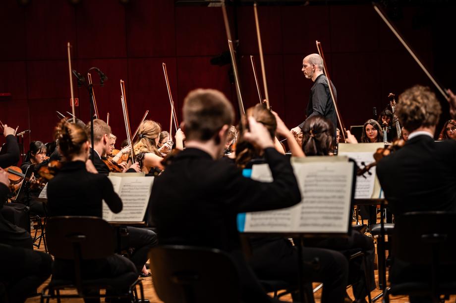 Blick aus der Orchestersicht eines Streichers auf den Dirigenten Prof. Rasmus Baumann.