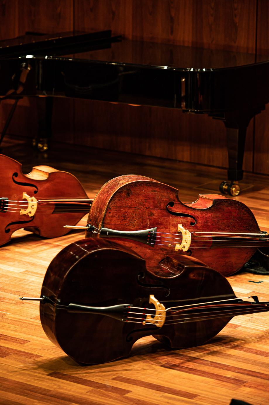 Drei Kontrabässe und ein Flügel befinden sich auf der Bühne.