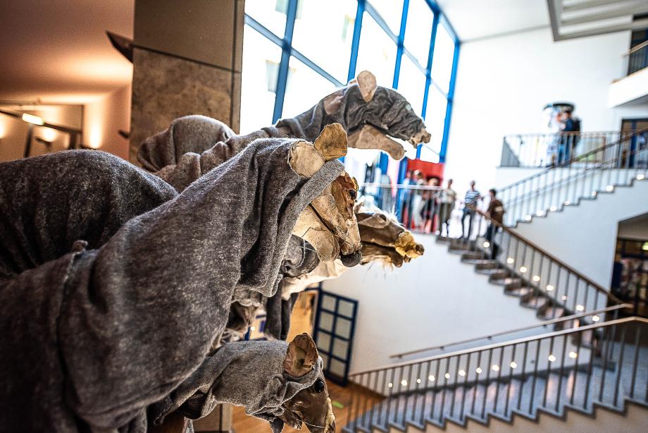 Studierende des Figurentheaters als Ratten verkleidet, die sich über ein Geländer im Foyer der HMDK beugen und das Geschehen beobachten. 