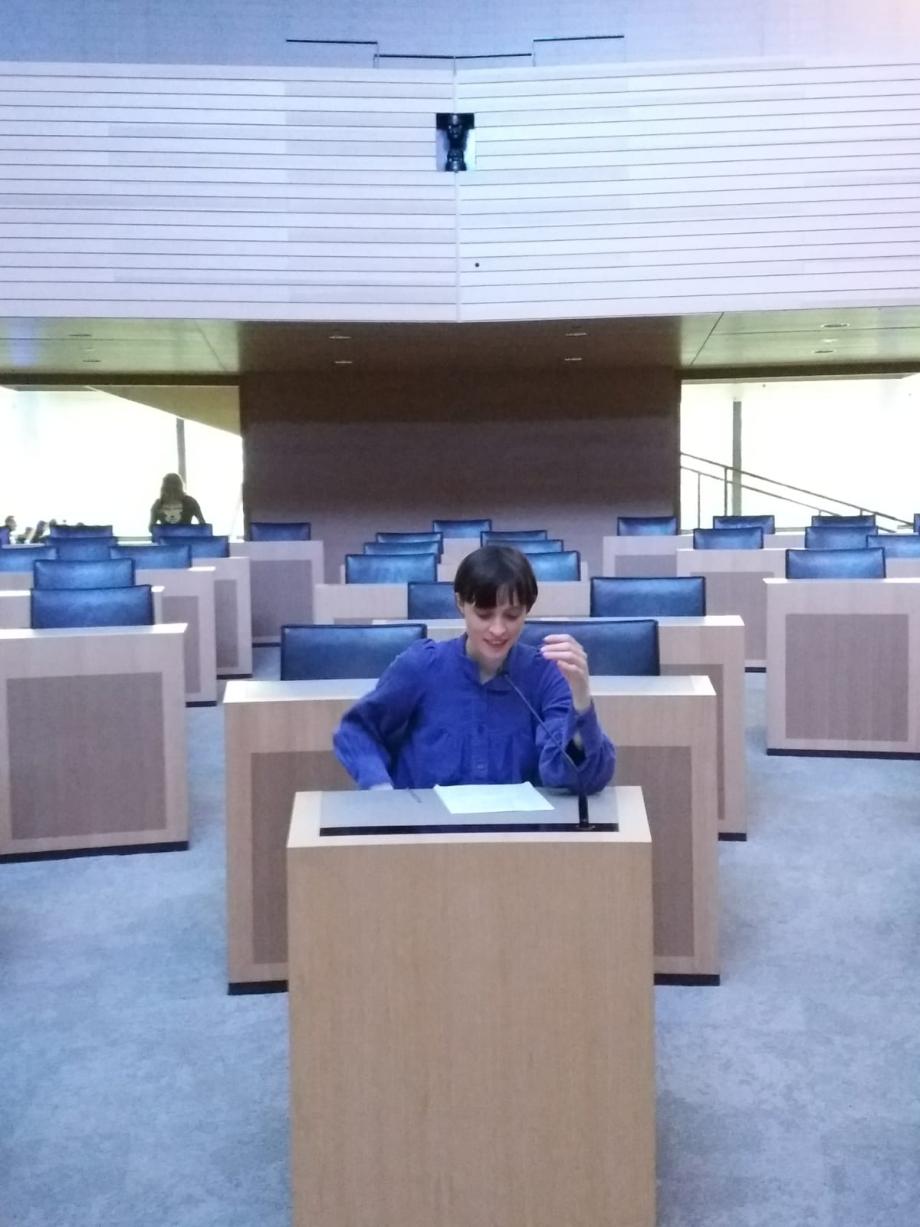 Frau sitzt im Landtag an Rednerpult.