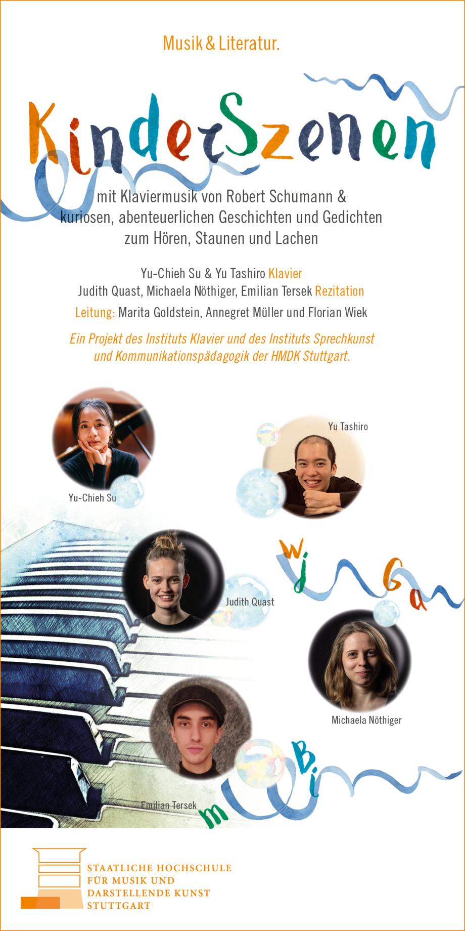 Konzertplakat der Kinderszenen, wo neben dem Ankündigungstext die einzelnen Mitwirkenden in Portraitfotos dargestellt werden.