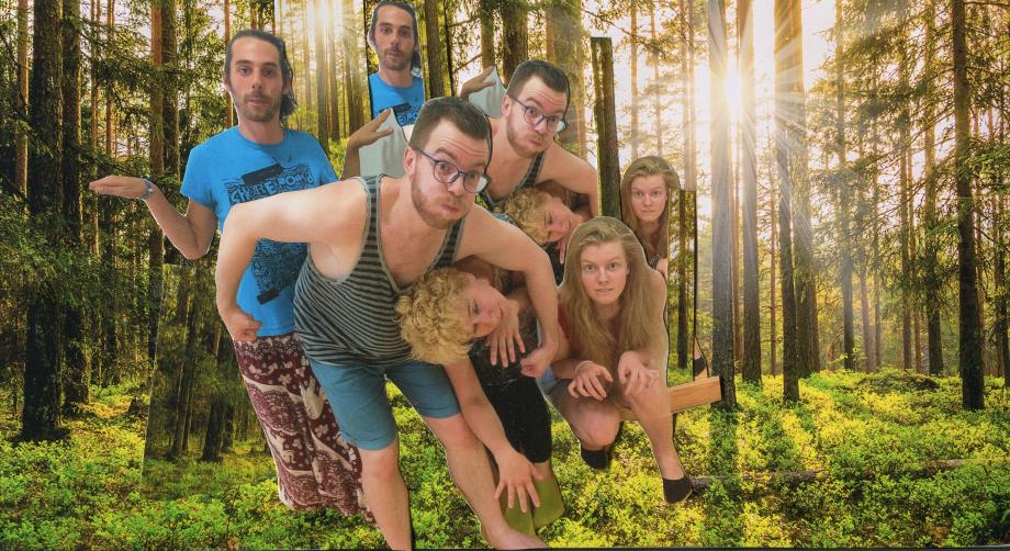 Vier Menschen in doppelter Ausführung, collagenartig ausgeschnitten, im Wald.