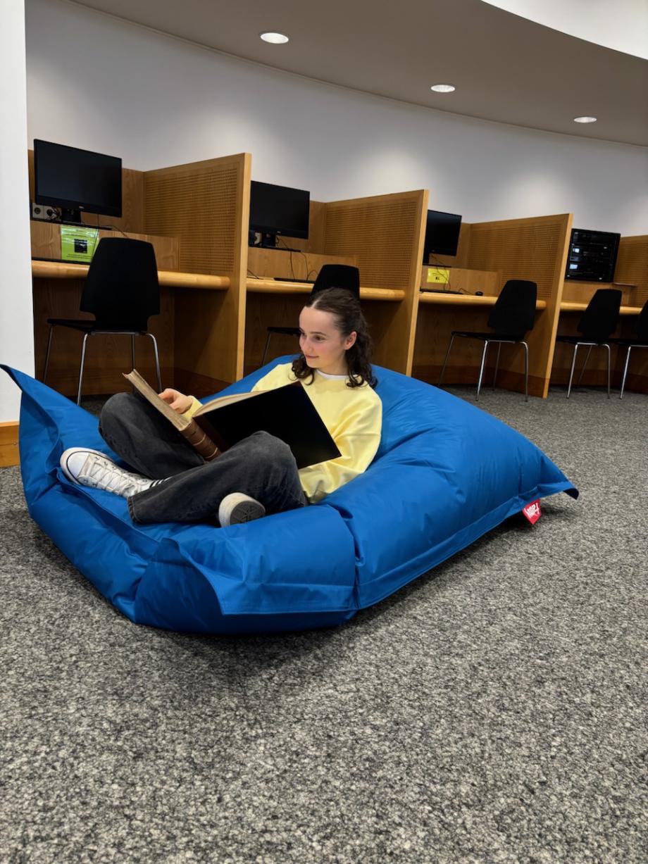 Ganz neu! Drei Sitzsäcke in der Bibliothek! Ruht euch aus, probiert es.