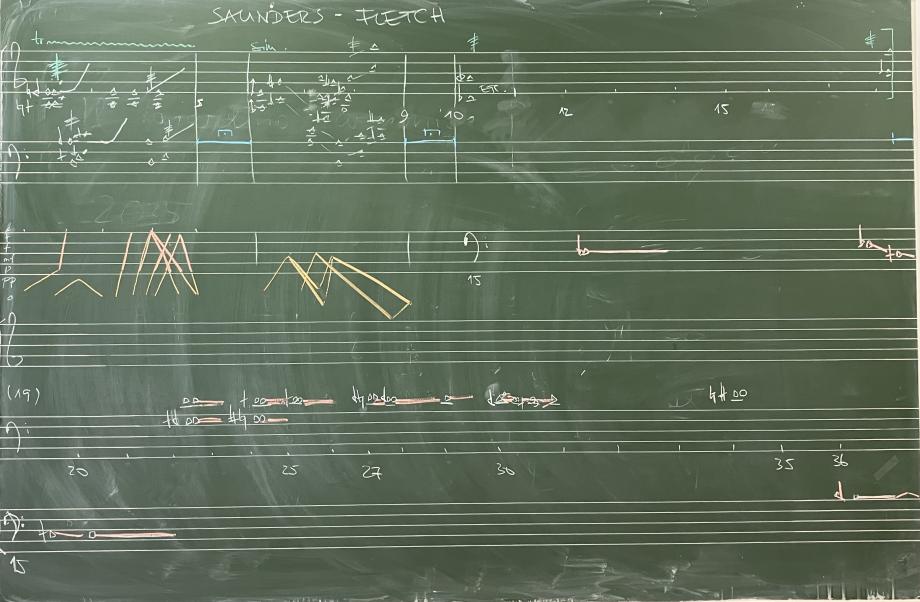 Tafel mit farbigen Symbolen und Kreidenotation.