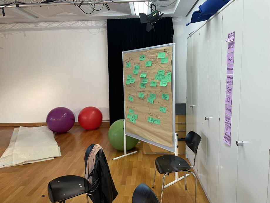 Raumausschnitt: Eine Pinnwand mit grünen Post-its mit Wünschen der Teilnehmenden, rechts daneben am Schrank kleben lilane Post-its in einer Reihe, die den Tagesablauf illustrieren. Im Vordergrund steht ein Stuhl, im Hintergrund sind Matten und Gymnastikbälle zu sehen.