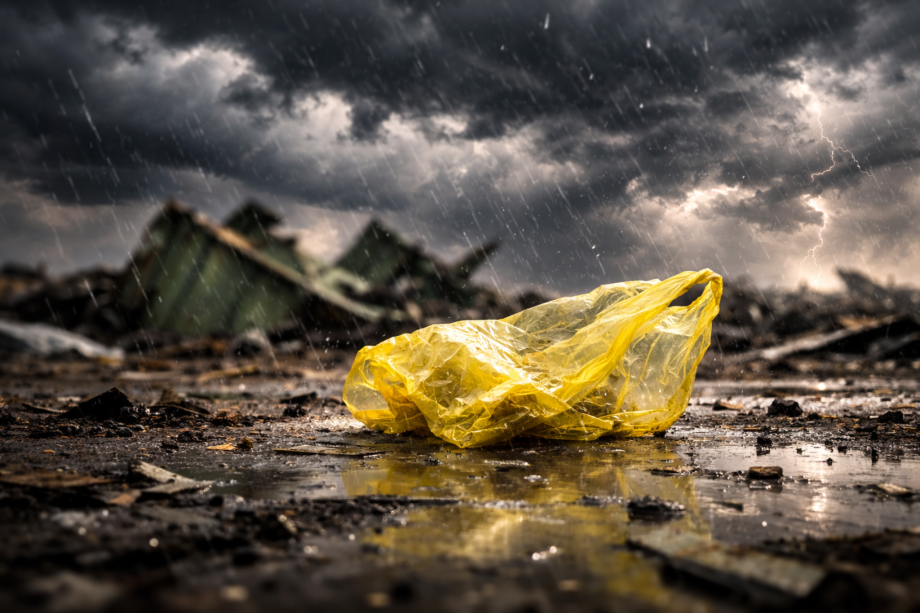 Eine gelbe Tüte liegt am Boden, drumherum Gewitter und ein einstürzendes Gebäude