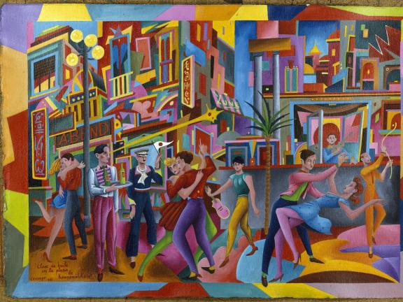 Buntes Bild von tanzenden Paaren in einer Bar