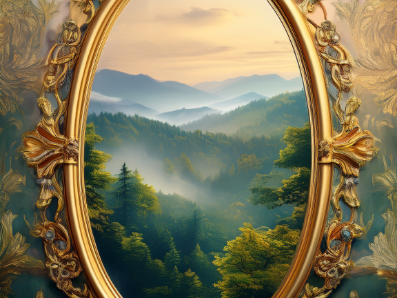 Ein großer ovaler Spiegel hängt an der Wand und zeigt eine märchenhafte Landschaft