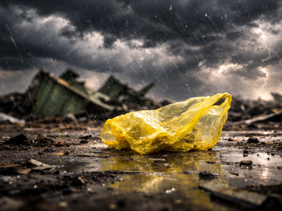 Eine gelbe Tüte liegt am Boden, drumherum Gewitter und ein einstürzendes Gebäude