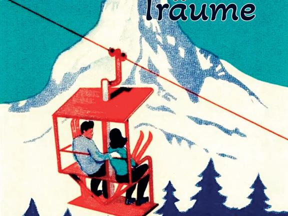 Eine Zeichnung mit zwei Personen, die man von hinten in einem Sessellift vor Bergkulisse sitzen sieht