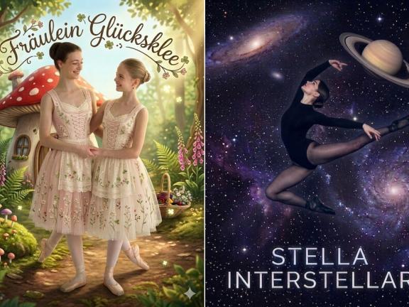 Zwei Ankündigungsfotos der Ballettschulaufführung mit Schülerinnen im Kostüm