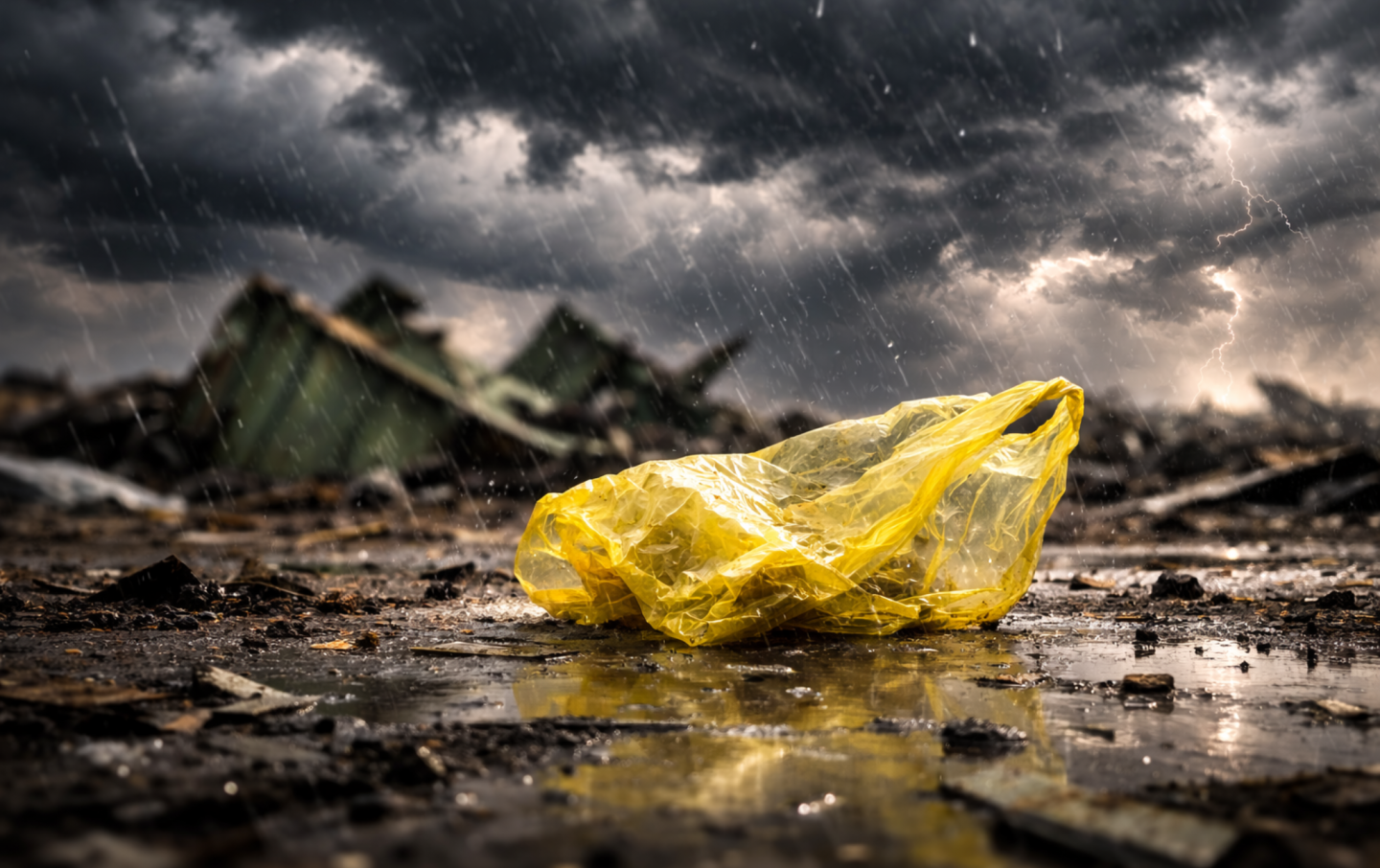 Eine gelbe Tüte liegt am Boden, drumherum Gewitter und ein einstürzendes Gebäude
